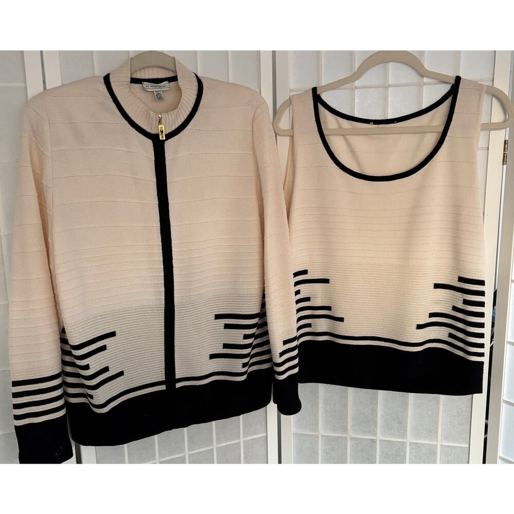 St. John Sport Santana Knit Zip Jacket Shell Tank Twinset Cream Black M  Luxury